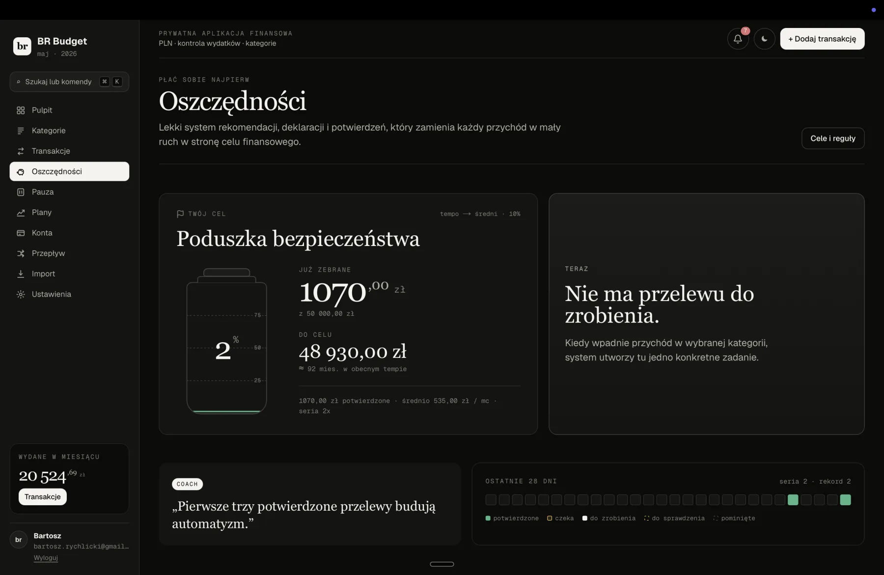 Widok Oszczędności: cel Poduszka bezpieczeństwa z baterią postępu i zadaniami płać sobie najpierw