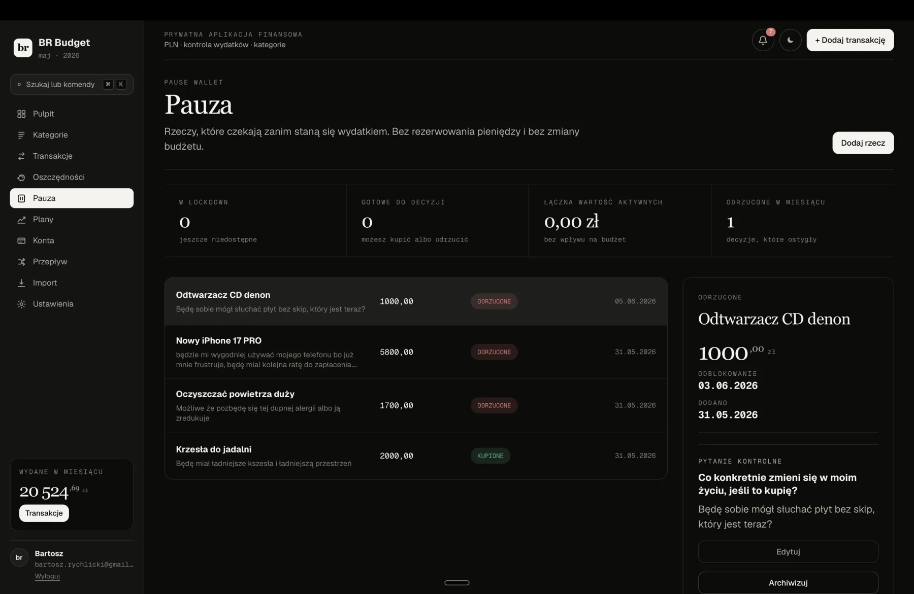 Widok Pauza: lista wstrzymanych zakupów ze statusami i pytaniem kontrolnym