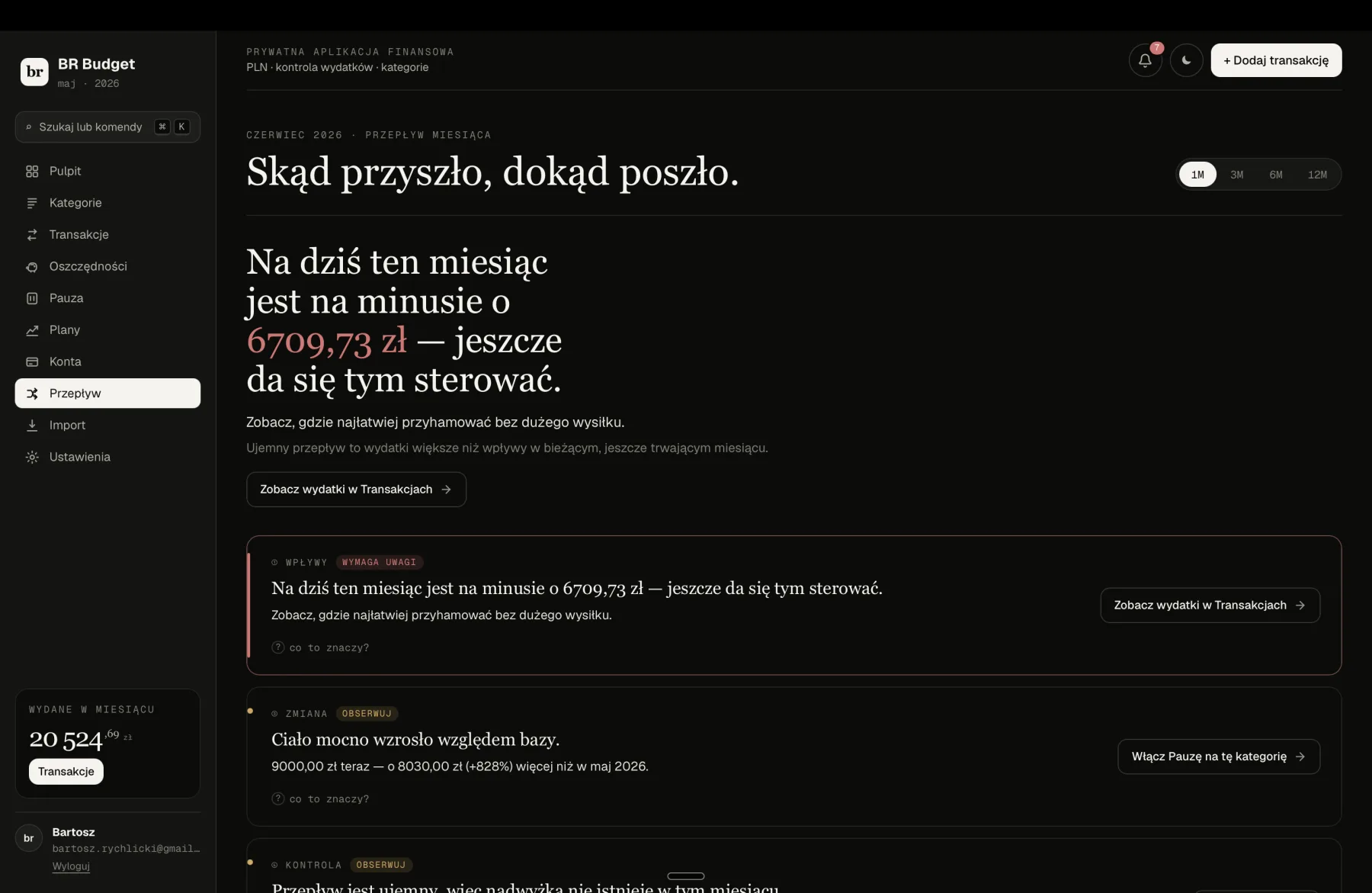 Widok Przepływ: skąd przyszło, dokąd poszło — miesięczna analiza przepływu z sygnałami